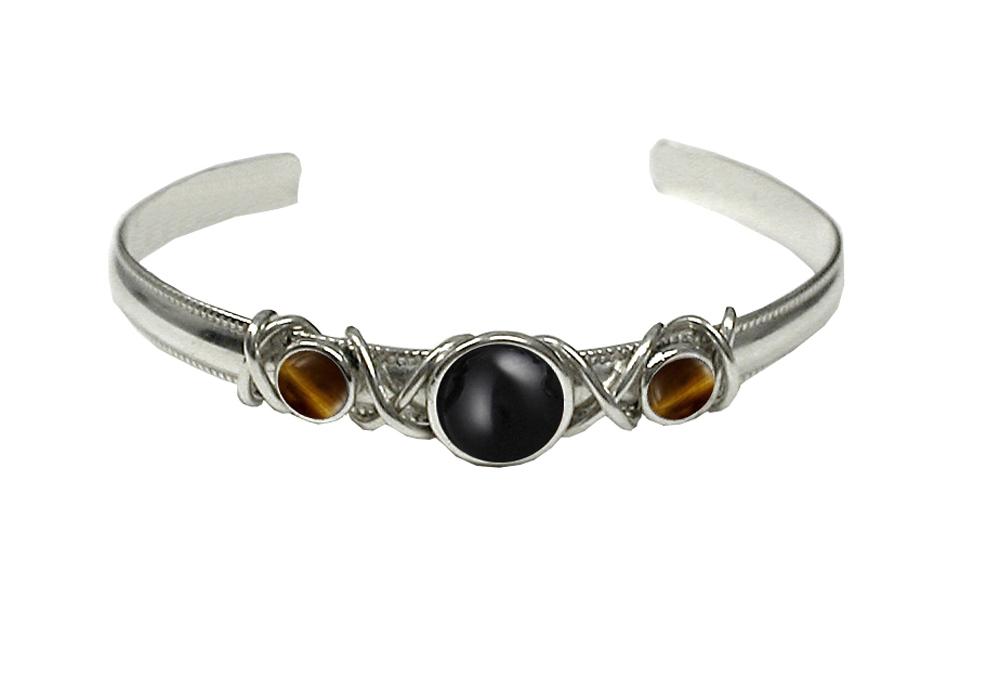 Sterling Silver Hand Made Cuff Bracelet With Black Onyx And Tiger Eye